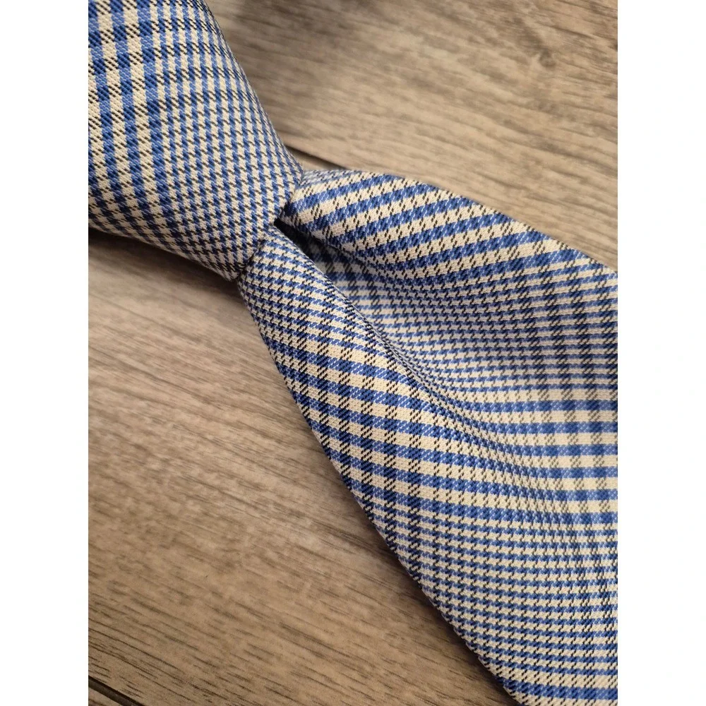 Polo Ralph Lauren Mens Blue White Glen Plaid Silk Necktie Hand Made in‎ Italy
